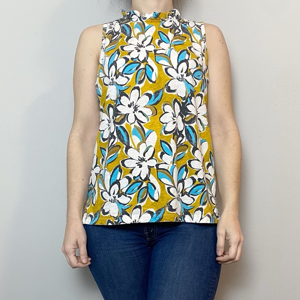 Anthro T. La Sleeveless Multicolor Floral Ruffle Neck Top